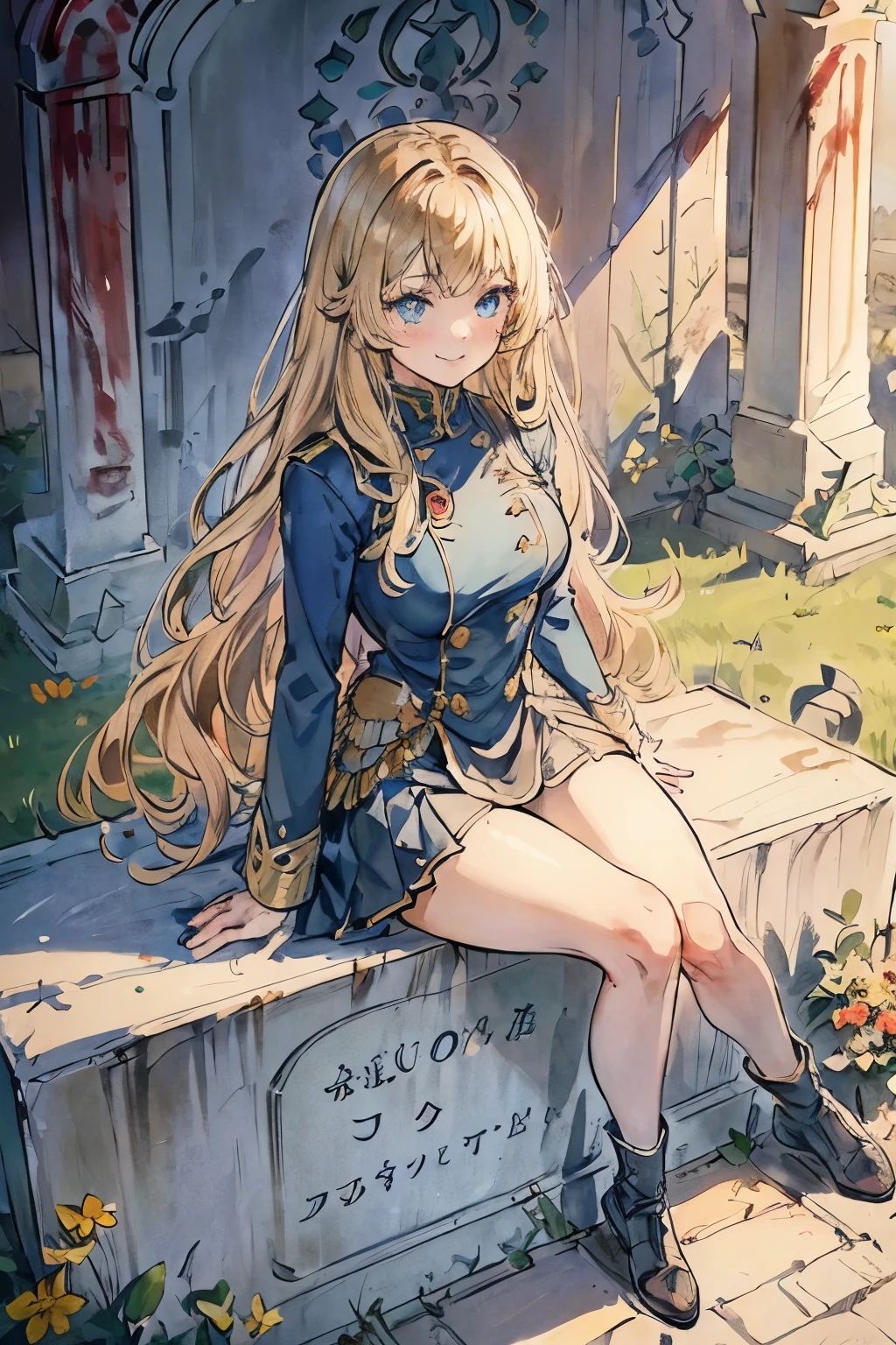 1girl, Full body, Description Girls, detail hands, Detail fingers, Detail Face, cute face, detail legs, overdetailed art, Fine details, blonde hair, wavy hair, long hair, blue eyes, smile, ((Graveyard)), blue military uniform, sit on tombstone, ((bloody body))