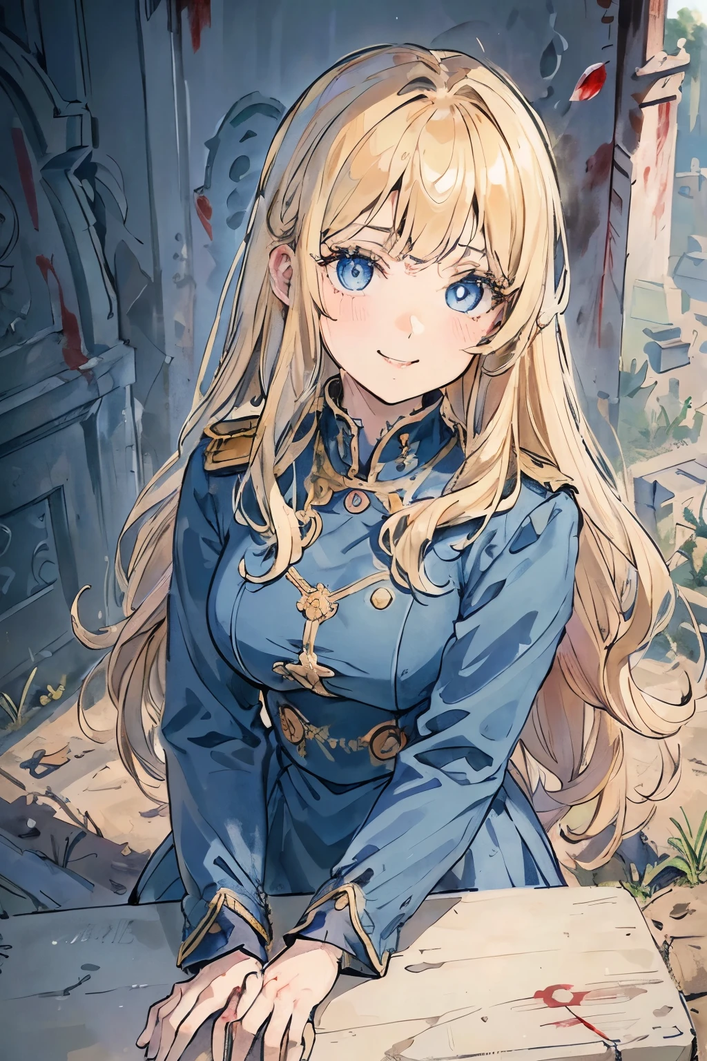 1girl, Full body, Description Girls, detail hands, Detail fingers, Detail Face, cute face, detail legs, overdetailed art, Fine details, blonde hair, wavy hair, long hair, blue eyes, smile, ((Graveyard)), blue military uniform, sit on tombstone, ((bloody body))