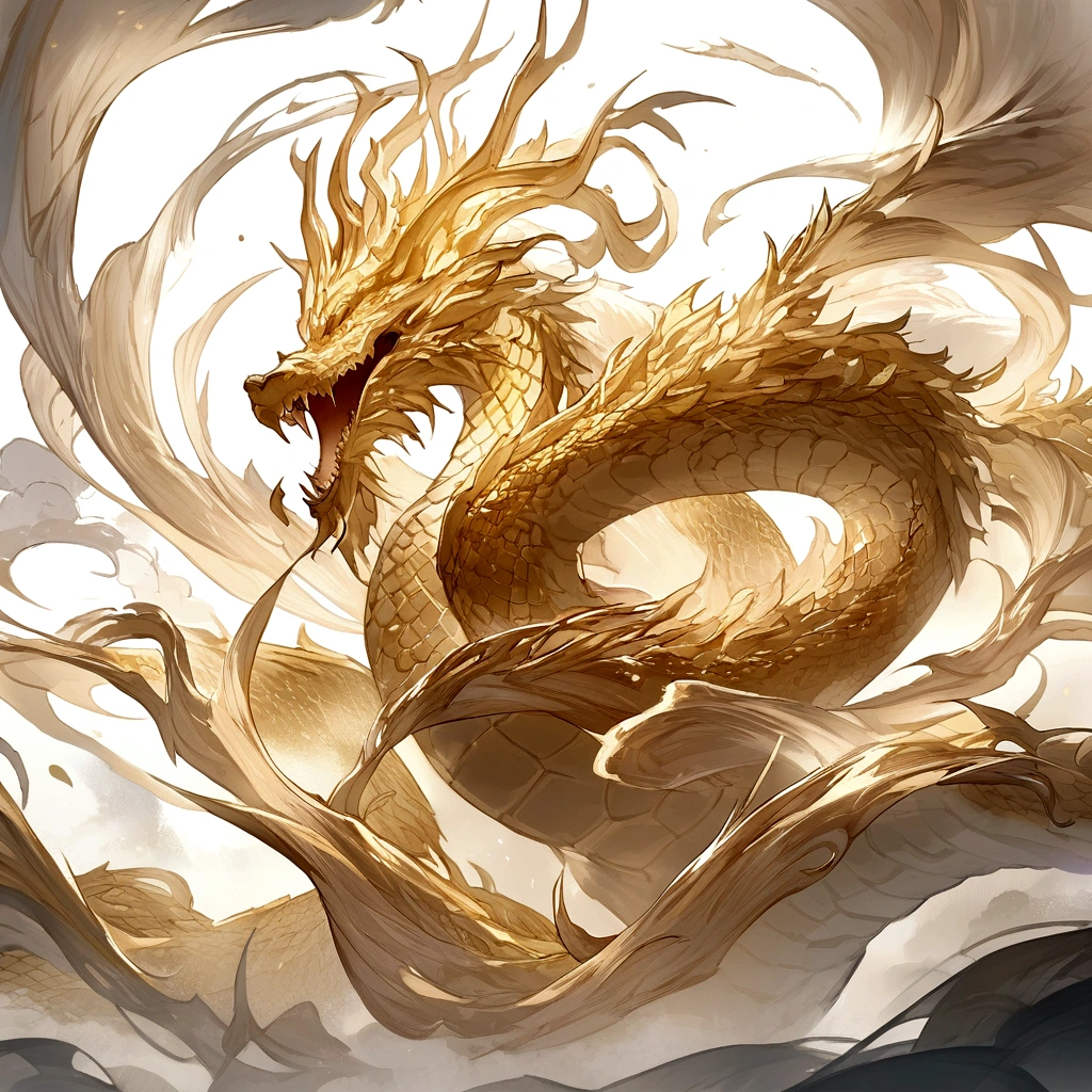 logo、masterpiece、(White background:1)、Golden Chinese dragon surrounded by white clouds、god々々Hello、Wind、god々、Long undulating body、tooth、Upper body、Fantasy、god話、high quality、Very detailed、masterpiece、narrative poem、Particle Effects、Dynamic Effects