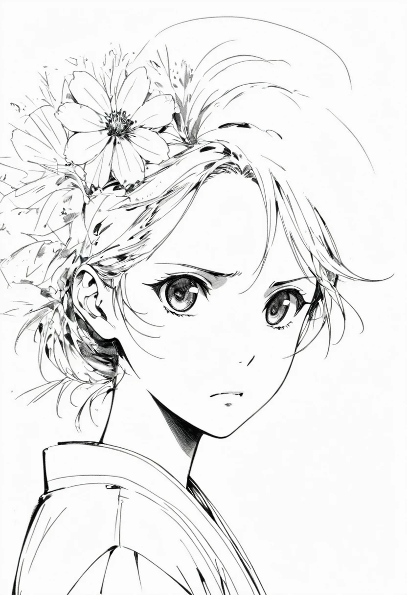 (Anime line drawing:1.5),(black and white:1.45),Minimalism,(Line Art:1.6),sketch,charcoal drawing,Disgusted Look,flower