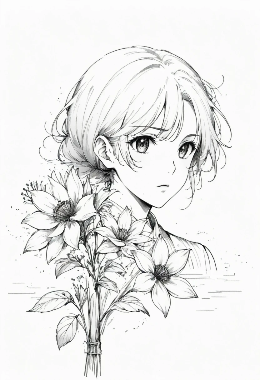 (Anime line drawing:1.5),(black and white:1.45),Minimalism,(Line Art:1.6),sketch,charcoal drawing,Disgusted Look,flower