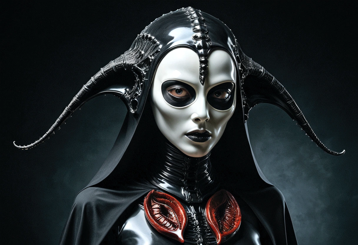 Tiro de medio cuerpo, hyperrealism photography, Beautiful model with avant-garde gelatin xenomorphic nun mask, cubierto de sangre, Renderizado de octanaje