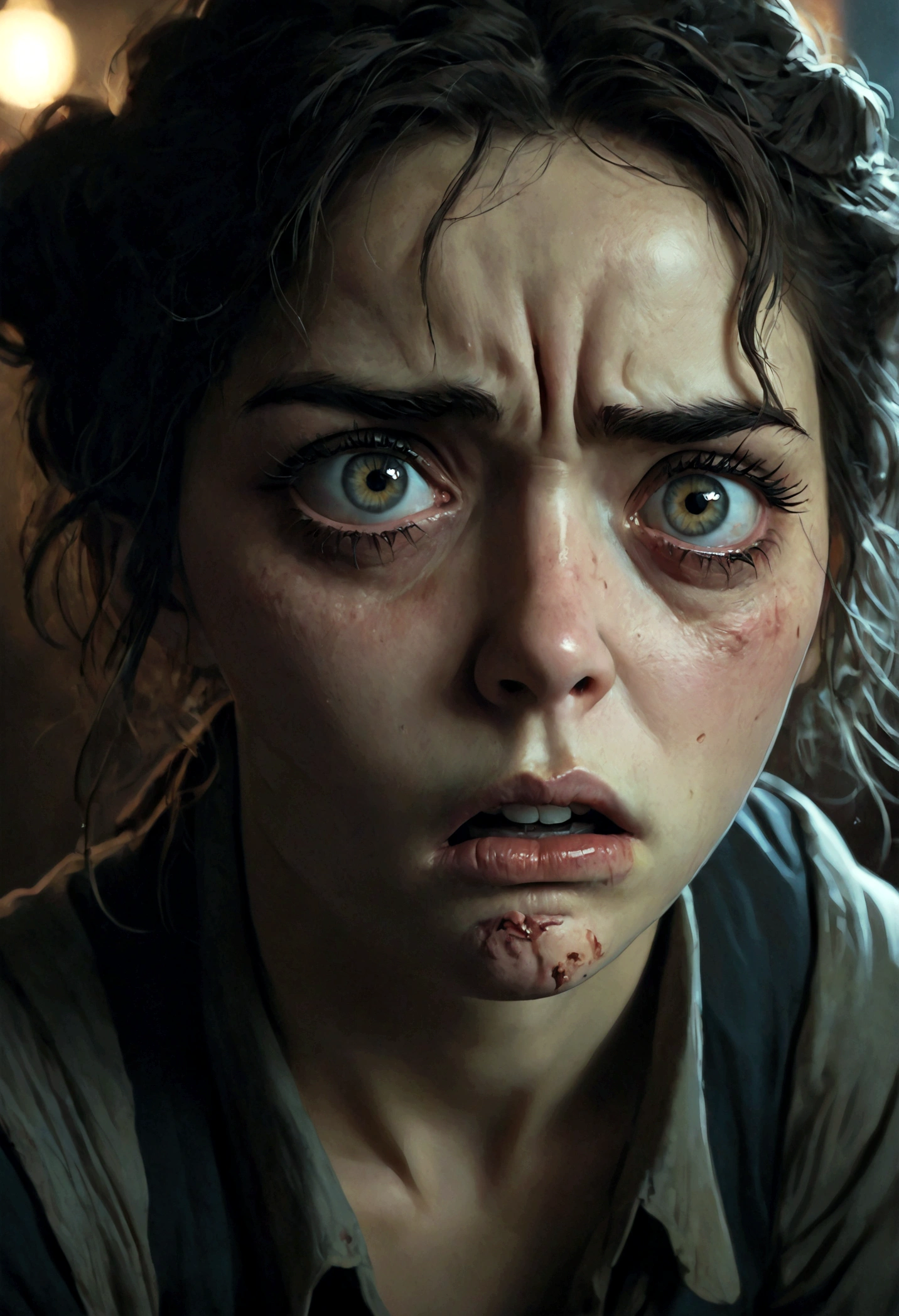 1girl, Disgusted Look, a disgusted woman with a scrunched up face, detailed eyes and lips, long eyelashes, expressive facial features, studio lighting, high quality, cinematic, hyperdetailed, dramatic lighting, cool color tones, gloomy atmosphere, horror, dark fantasy, masterpiece, best quality, very aesthetic, absurdres