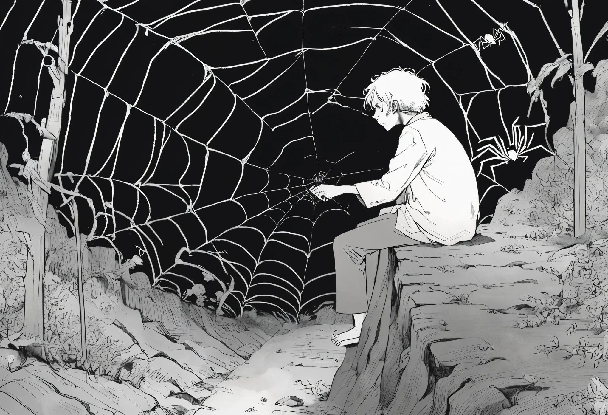 In Akutagawa Ryunosuke's short story for children, "The Spider's Thread," Kandata sees a spider's thread hanging from the sky in the dark of hell. He thinks that if he climbs up this thread he can get out of hell, so he grabs the thread and starts to climb. However, halfway through, he gets tired and looks down, and sees many sinners following him. Kandata thinks that the weight of the thread will break if he continues like this, so he shouts at the people below, "This spider's thread is mine," "Who did you all hear about this climb up here," and "Get down! Get down." At that moment, the spider's thread breaks right above Kandata, and he falls back to the bottom of hell.