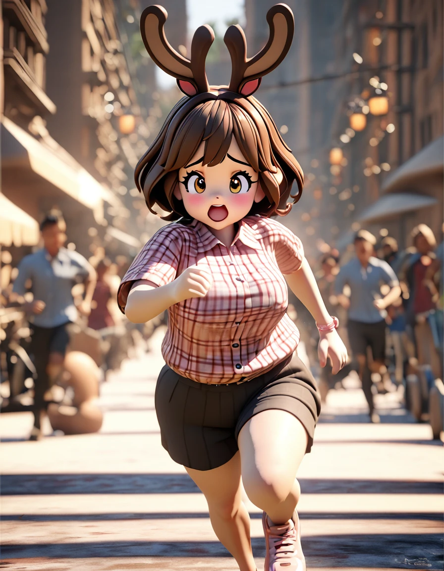 3D，c4d，Disney Animation Art，personification，Silly-looking Northeastern roe deer，Obesity，wearing a plaid shirt，Suit shorts，running，Open your mouth and laugh，warmth，Cute and cute，cartoon，overclocked renderer，8K，high quality，masterpiece