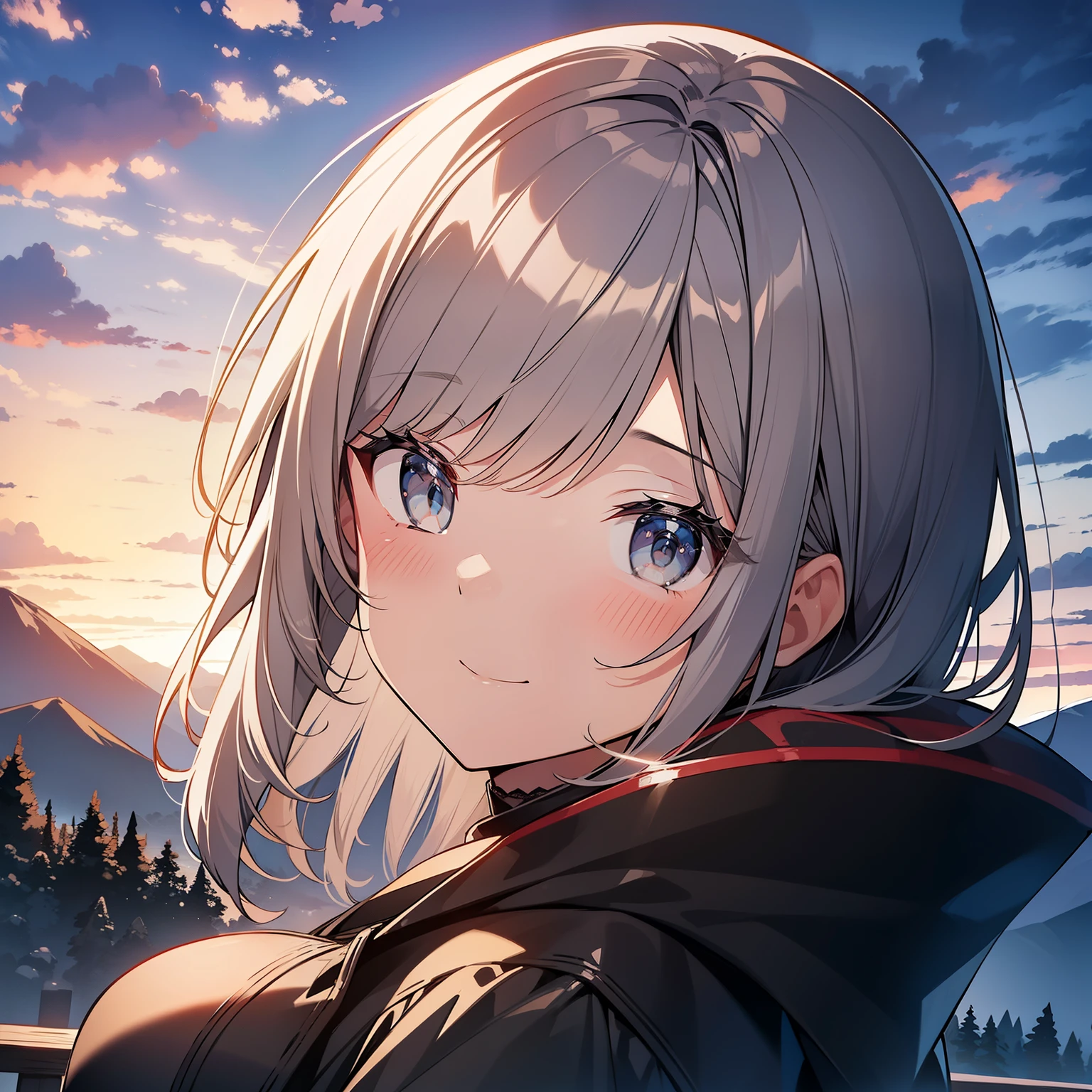 fille sur une montagne, detailed face, mid shot, nuages, coucher de soleil