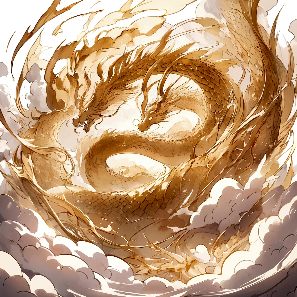 logo、masterpiece、(White background:1)、Golden Chinese dragon surrounded by white clouds、god々々Hello、Wind、god々、Long undulating body、tooth、Upper body、Fantasy、god話、high quality、Very detailed、masterpiece、narrative poem、Particle Effects、Dynamic Effects