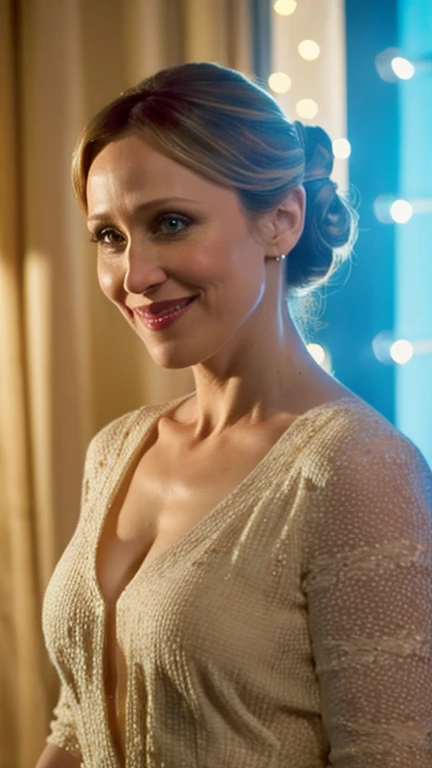 Vera Farmiga with her hair up dressed in light and sensual clothing and a sexy smile.