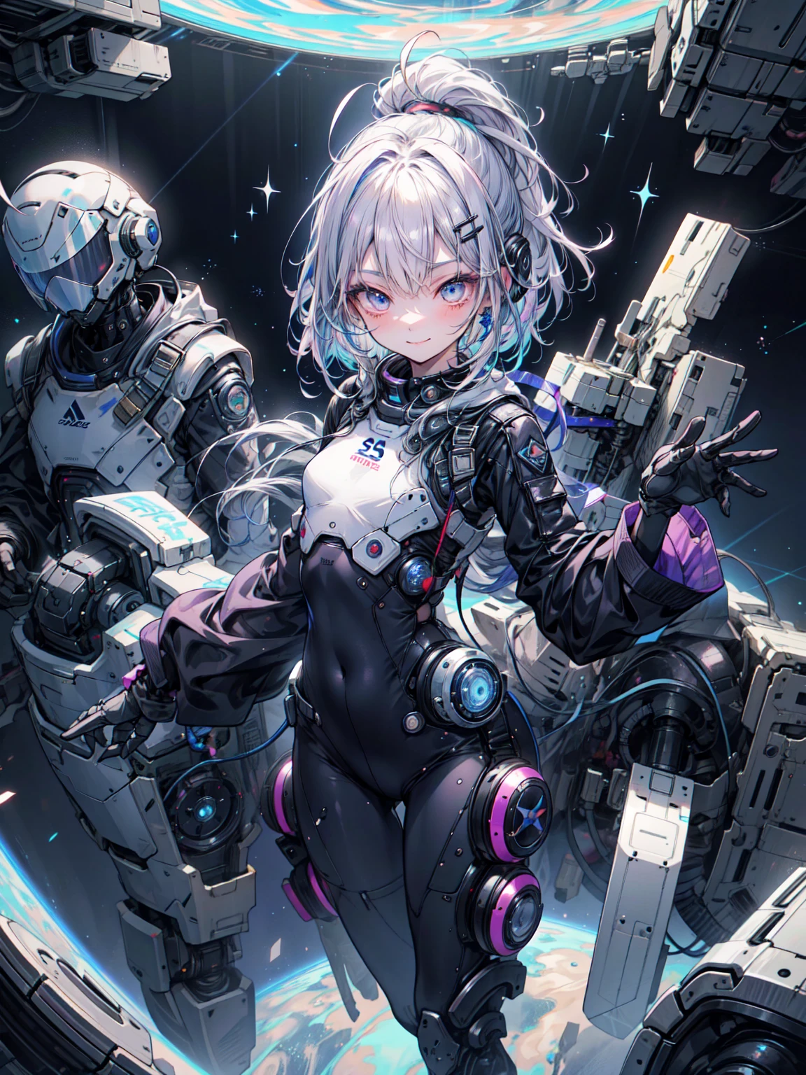 Medium Shot, alone, woman, SFW, Abandoned spacecraft, Space Landscape, dark, Scary atmosphere, Android, Long Hair, Auburn Hair, blue eyes, Complex prosthetic limbs, Small breasts, corridor, window, Scared, Contorting the mouth, Watery eye, ponytail, Disheveled Hair, Spacesuit, Bulky Equipment, Bulky suits, Worn, Helmet, Scared pose, close、Blake、（Dark Elf), (1 girl), alone, 優しいsmile、Perfect Face, Get used to it, Ahoge, ((Long Hair:1.2)), [[Messy Hair]], Shiny blonde white hair, Purple eyes, Variegated eyes, Colorful Hair, Shining Eyes, (eyelash, eye shadow, pink eye shadow), bright, smile, design art by Mikimoto Haruhiko, by Kawashi, by Yoshitaka Amano, （Dark brown skin） ,