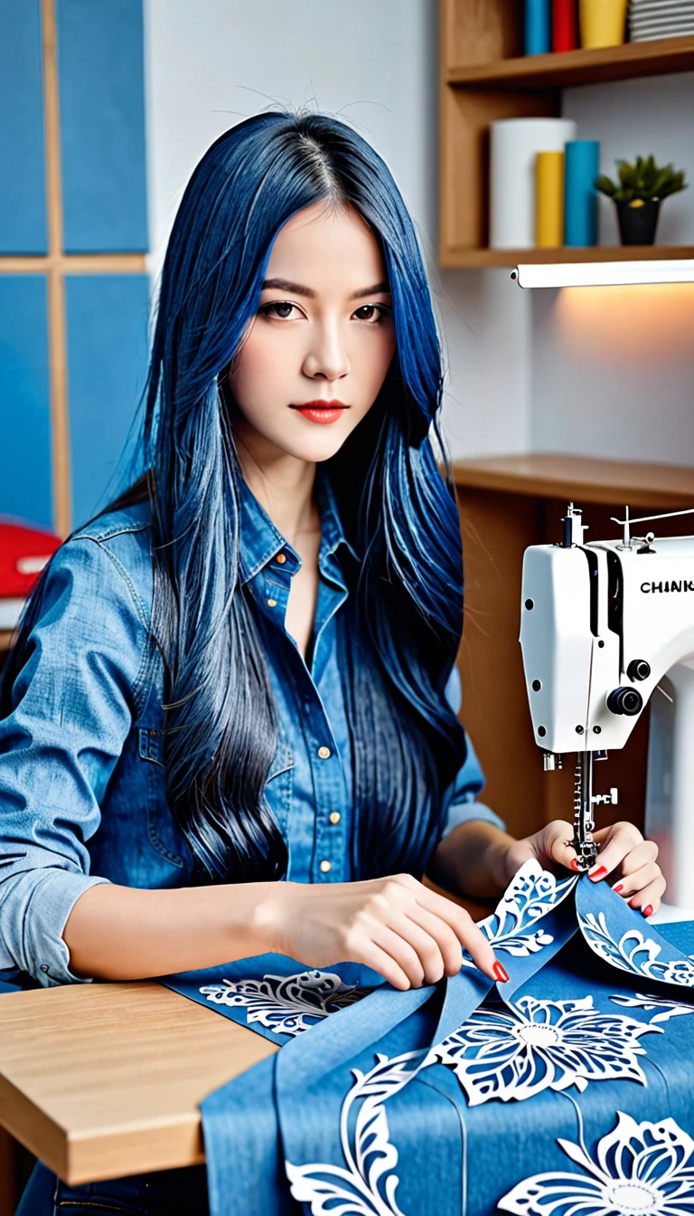 (((paper cutting style))), 1 girl, blue long hair, long straight hair, portfolio, sewing machine, denim, shirts