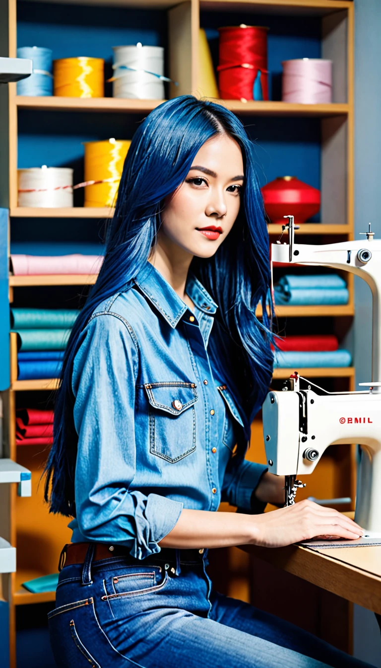 (((paper cutting style))), 1 girl, blue long hair, long straight hair, portfolio, sewing machine, denim, shirts