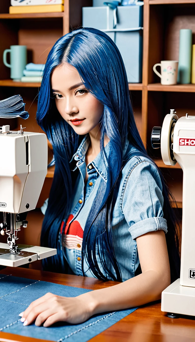 (((paper cutting style))), 1 girl, blue long hair, long straight hair, portfolio, sewing machine, denim, shirts