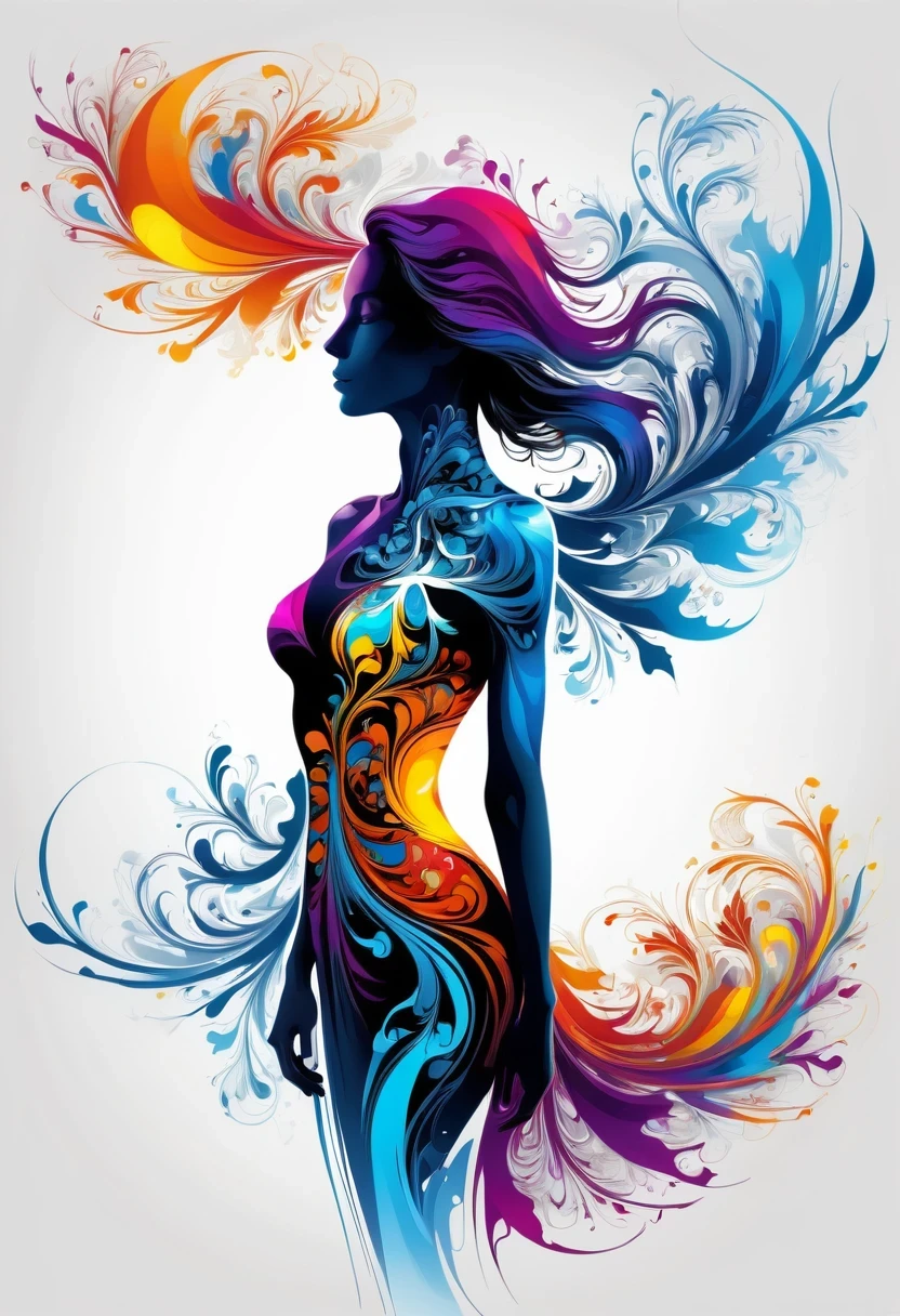 Thin, Fine fractal,smooth,vivid,Color ink,sketch,Shiny silhouette,Female silhouette with perfect physique