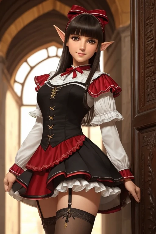 1elf female , masterpiece, best quality, ultra-detailed, beautiful detailed, (((extremely detailed face))), (((blunt bangs))), (((big frills and ribbon))), grin, (((red blouse))), (black skirt), suspender dress, shoulder-length black hair,olhos castanhos, thin lips, Rosto redondo,seios grandes com decote, cintura larga com uma barriguinha de chopp as vezes, 1,67m e 46 kg,She is standing inside the palace, short skirt to her thighs