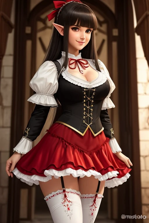 1elf female , masterpiece, best quality, ultra-detailed, beautiful detailed, (((extremely detailed face))), (((blunt bangs))), (((big frills and ribbon))), grin, (((red blouse))), (black skirt), suspender dress, shoulder-length black hair,olhos castanhos, thin lips, Rosto redondo,seios grandes com decote, cintura larga com uma barriguinha de chopp as vezes, 1,67m e 46 kg,She is standing inside the palace, short skirt to her thighs