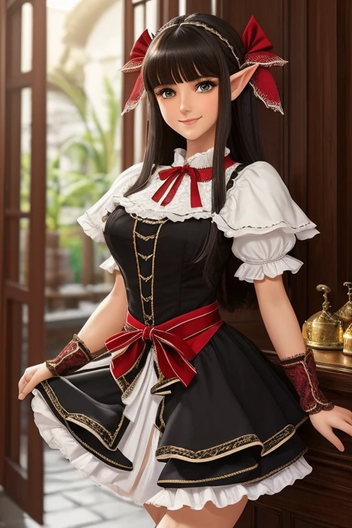 1elf female , masterpiece, best quality, ultra-detailed, beautiful detailed, (((extremely detailed face))), (((blunt bangs))), (((big frills and ribbon))), grin, (((red blouse))), (black skirt), suspender dress, shoulder-length black hair,olhos castanhos, thin lips, Rosto redondo,seios grandes com decote, cintura larga com uma barriguinha de chopp as vezes, 1,67m e 46 kg,She is standing inside the palace, short skirt to her thighs