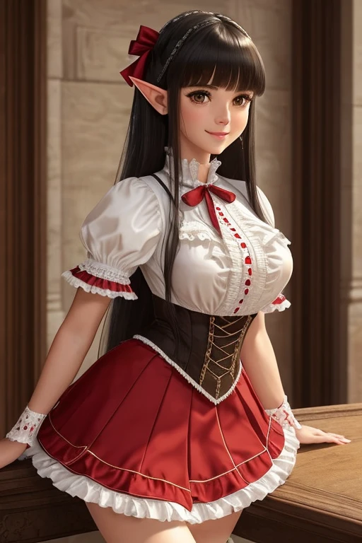 1elf female , masterpiece, best quality, ultra-detailed, beautiful detailed, (((extremely detailed face))), (((blunt bangs))), (((big frills and ribbon))), grin, (((red blouse))), (black skirt), suspender dress, shoulder-length black hair,olhos castanhos, thin lips, Rosto redondo,seios grandes com decote, cintura larga com uma barriguinha de chopp as vezes, 1,67m e 46 kg,She is standing inside the palace, short skirt to her thighs