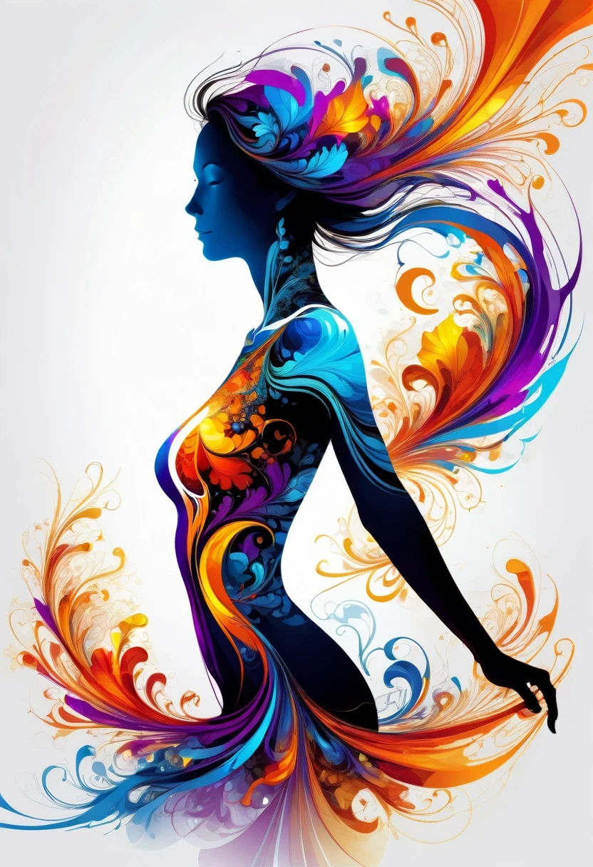 Thin, Fine fractal,smooth,vivid,Color ink,sketch,Shiny silhouette,Female silhouette with perfect physique