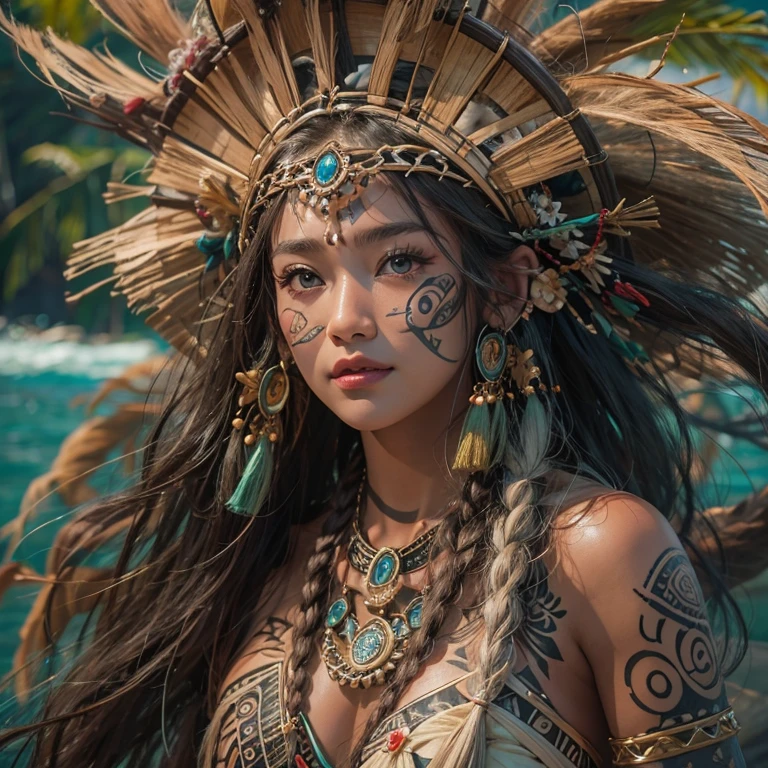 Polynesian Sea、Hair blowing in the wind 、 ((highest quality、masterpiece、8k、Best image quality、Ultra-high resolution、Award-winning works)、(Accurate anatomy:1.1)、(Look at me and smile:1.0)、Shining fair skin with Ultra-high resolution、The most detailed face、Ultra-high resolution detailed face、Ultra-high resolutionの髪の毛、(Ultra-high resolution eye:1.1)、Beautiful face drawn in every detail、Polynesian Costume,Small breasts, Polynesian Tattoo, Polynesian canoe、Wearing Polynesian costumes:1.2.