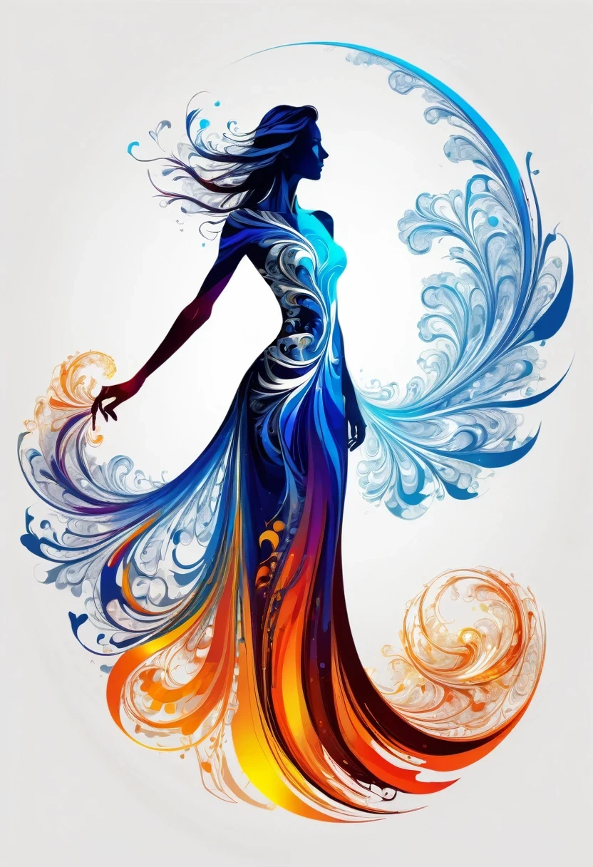 Thin, Fine fractal,smooth,vivid,Color ink,sketch,Shiny silhouette,Female silhouette with perfect physique
