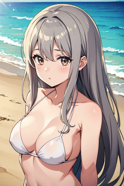 Sandy Beach　A girl showing off outside、Upper body naked、Gray Hair、long hair