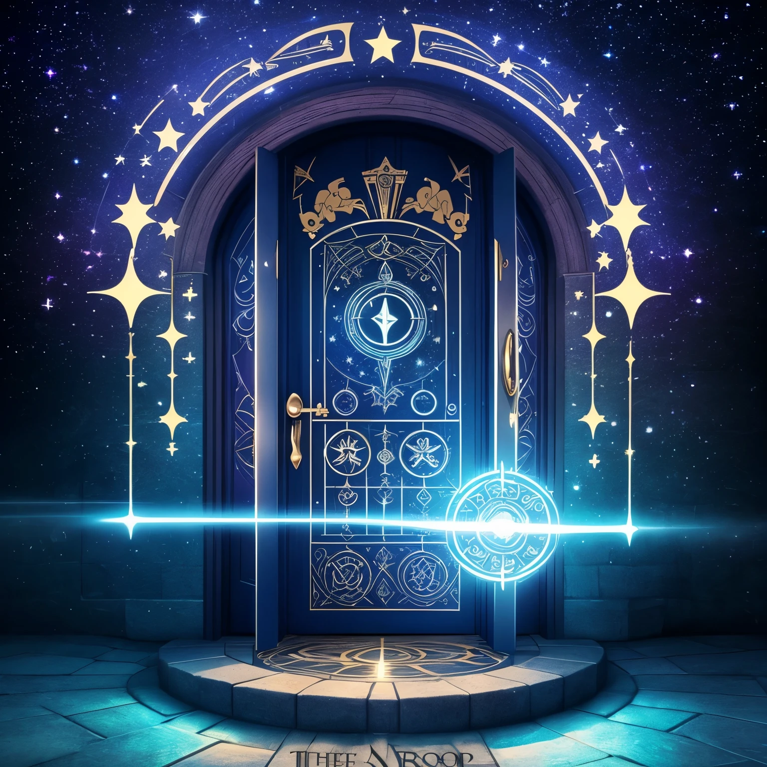 Create an image, symbolizing free access to the Tarot bot, with the door open, leading to the magical world. Behind the door you can see shining stars and magical symbols. Place a Tarot symbol on the door, as well as images of the  arcana - Wands, Cups, Swords, Pentacles. 