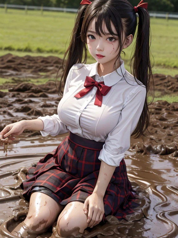 school girl was sprayed with water , school girl Was sprayed with water , (Masterpiece, best quality:1.2),  , look at viewer , school girl wet white clothes, Soaking wet, dripping wet, Wet hair, Wet skin, translucent, Glittering with oil, fully dressed, Wet muddy field, dripping with mud, Arms full of mud, mud hair, lying in the mud, submerged, Covered all over, A face full of mud , dark red skirt , plaid skirt , pleated skirt , The shirt is tight. , white shirt , school girl  , red knot , red bow , school , The skirt is next to the chest. , big breasts , big 