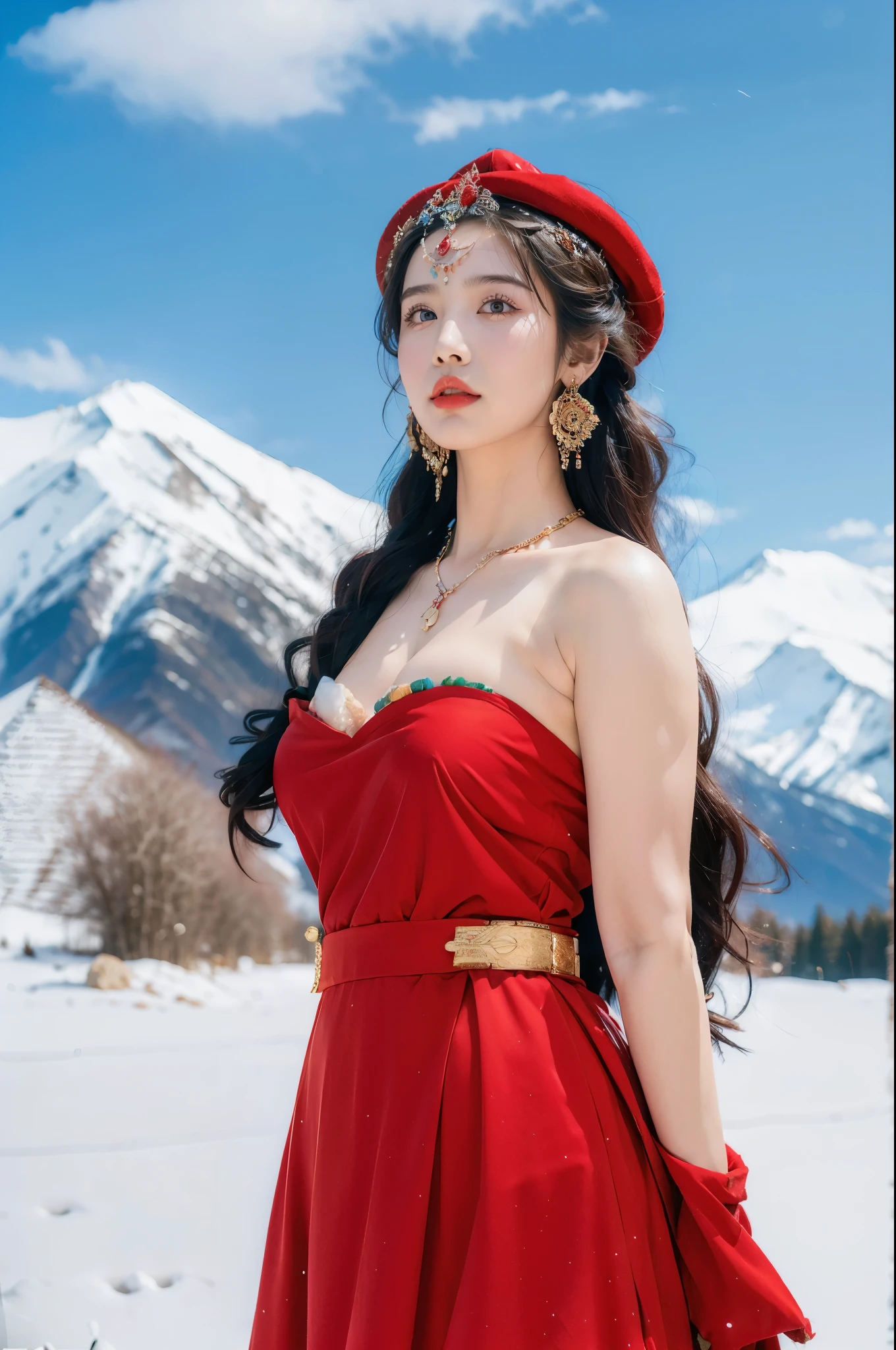 (masterpiece, best quality:1.2),strapless red Tibetan dress,1 Tibetan girl, blue sky, cloud, cloudy sky, day, earrings,Plush hat, horizon,Tibetan Earrings,jewelry,necklace, lips,snow mountain, outdoors, parted lips, red lips, solo, upper body,((cleavage,gigantic breasts))