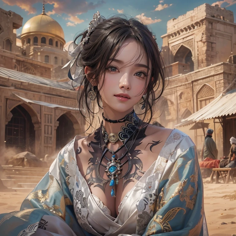 Hiding in the desert、Hair Flow、 ((Highest quality、masterpiece、8k、Best image quality、Ultra-high resolution、Award-winning works)、(Accurate anatomy:1.1)、(Look at me and smile:1.1)、Shining fair skin with Ultra-high resolution、The most detailed face、Ultra-high resolution detailed face、Ultra-high resolutionの髪の毛、(Ultra-high resolutionの煌めく瞳:1.1)、Beautiful face drawn in every detail、(Blurred Background:1.1)、Ancient Islamic clothing, Chest to chest, tattoo, Old ruins in the background、Black Authentic Dress Up Elegant Underarm
