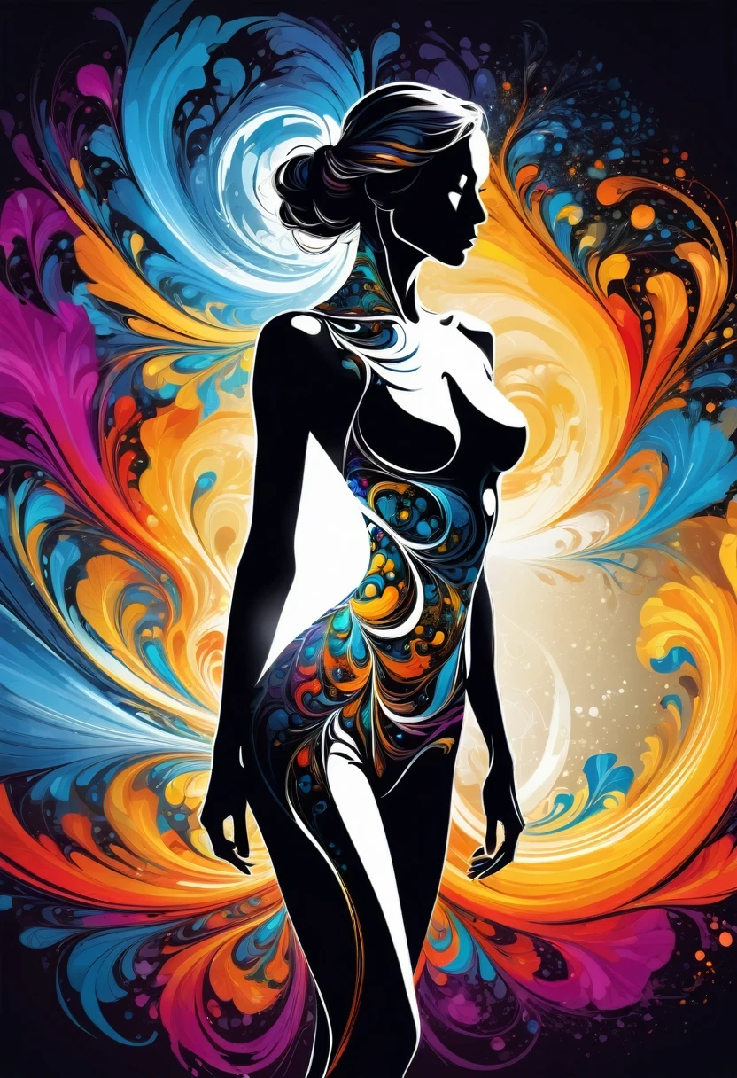 Thin, Fine fractal,smooth,vivid,Color ink,sketch,Shiny silhouette,Female silhouette with perfect physique