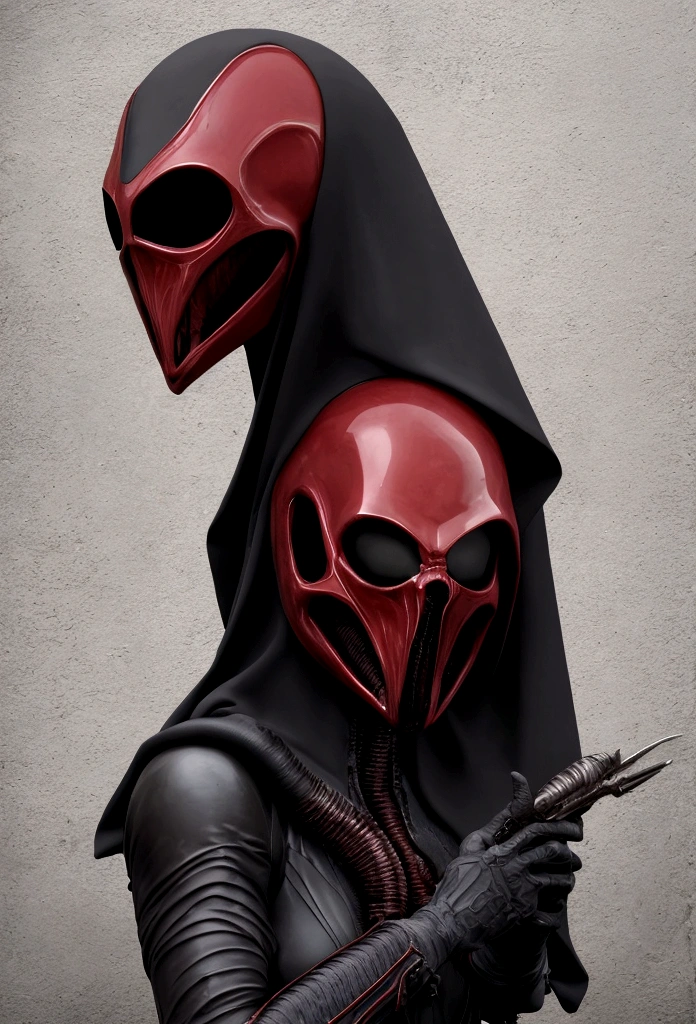 Tiro de medio cuerpo, hyperrealism photography, Beautiful model with avant-garde gelatin xenomorphic nun mask, cubierto de sangre, Renderizado de octanaje