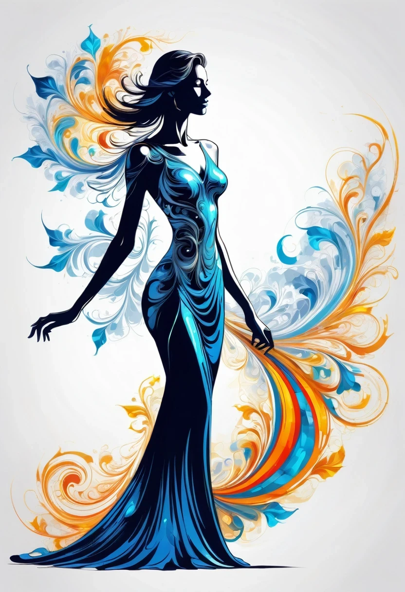 Thin, Fine fractal,smooth,vivid,Color ink,sketch,Shiny silhouette,Female silhouette with perfect physique