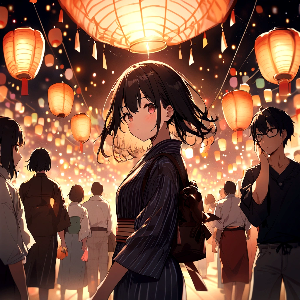 Starry Sky、Lots of lanterns、Floating lanterns、Girl in yukata