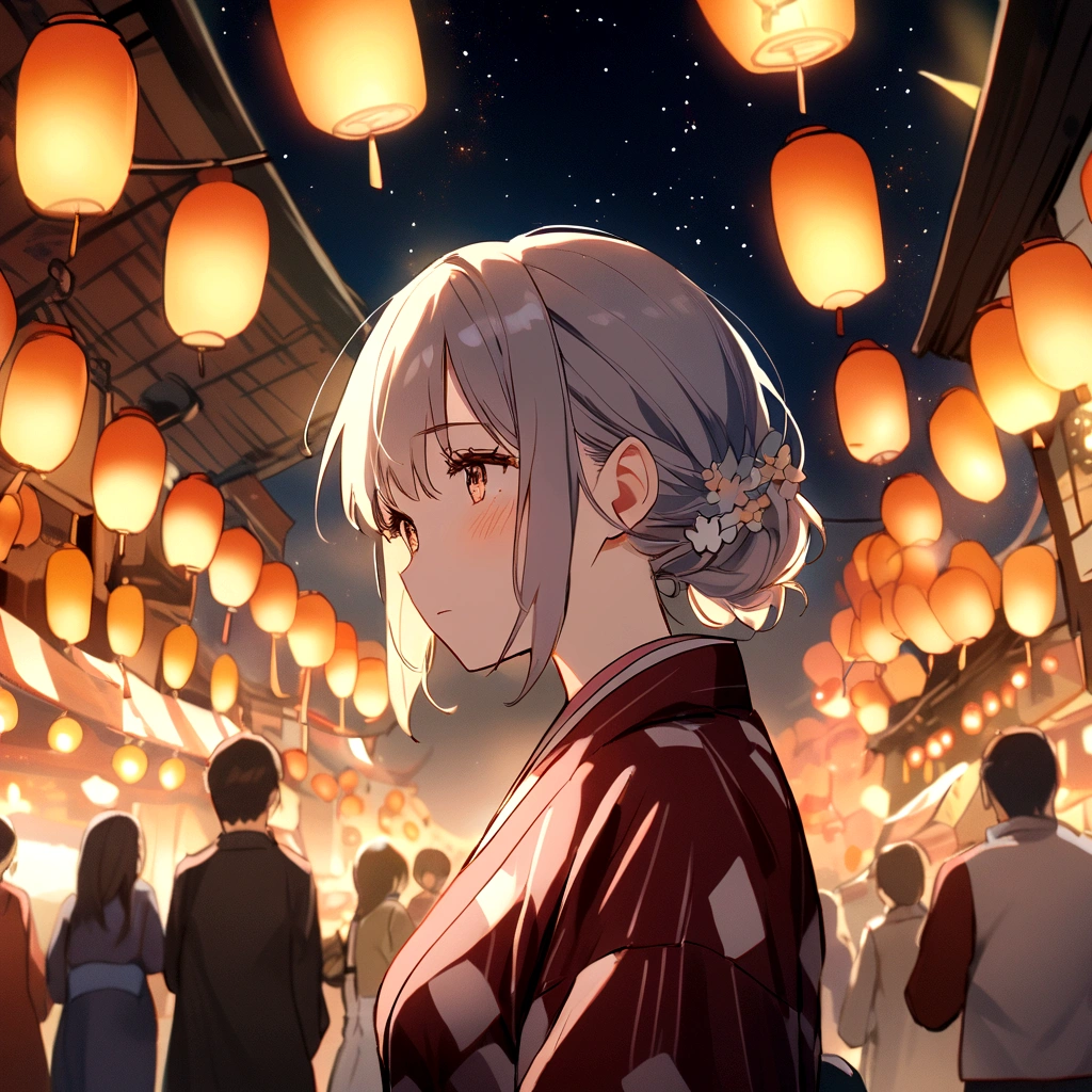 Starry Sky、Lots of lanterns、Floating lanterns、Girl in yukata