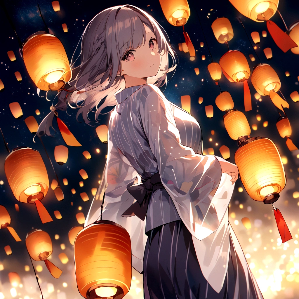 Starry Sky、Lots of lanterns、Floating lanterns、Girl in yukata