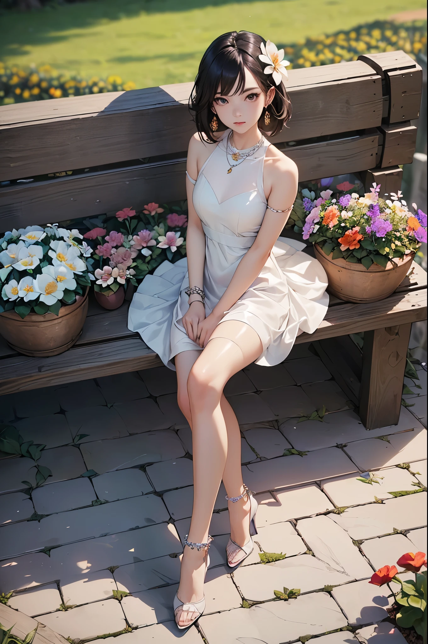((Biologically correct limb count))、((Full Body Shot, Full-body photo including face、Head to toe photos))、4K、masterpiece、((Focus on the face))、((Symmetrical facial features))、Eyes of meticulous depiction、One beautiful woman、Excellent style、(stockings、High heels with anklets)、Detailed Description、Small earrings、necklace、(Low - Angle)(((The background is a flower bed in full bloom)))、Sitting on a bench、((latex、leather、dress))