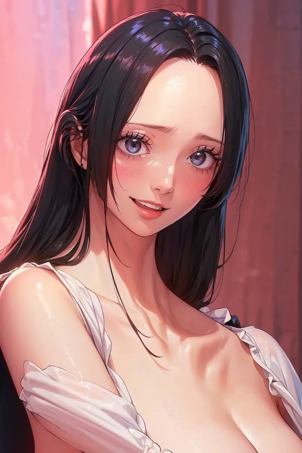 (((masterpiece))), (((best quality))), ((ultra-detailed)), (highly detailed CG illustration), Boa Hancock, , (masterpiece:1.5), Detailed Photo, Smiling, Sexy, (Best Quality: 1.4), (1girl), Beautiful Face, (Black Hair, long Hair: 1.3), Beautiful Hairstyle, beautiful detail eyes, (realistic skin), beautiful skin, absurd, attractive, ultra high resolution, high definition, (sexually aroused:1.5), Pinkish white skin, cool white light, sexy pose, Beautiful , white background, pink soft white light, Wear a white dress, (bright face:1.5), (beautiful face:1.5), (nsfw:1.3)