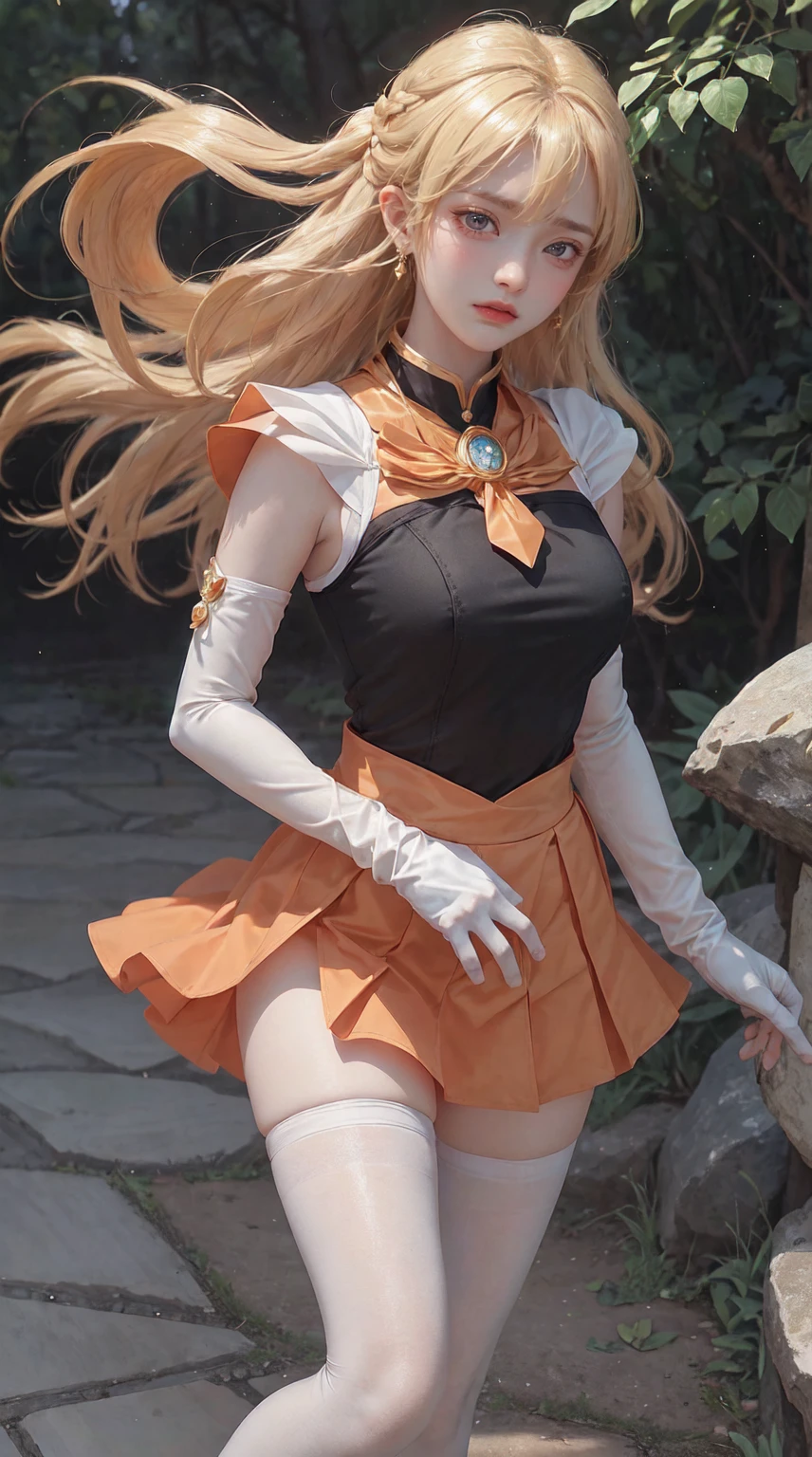 masterpiece, Top quality, high resolution, SV1, Sailor Soldiers, A blonde, Orange skirt, Wear gloves and elbow guards,Elbow Woods, tiao, Orange sailor collar, Sailor Venus, orange collar, White gloves, Jewel-like,一个Smile, Minako Aino,, The skirt is broken, Everlasting, White tights,, Gorgeous fabrics, Leather texture, Smile, Lenses, Beautiful Ambience, Depth of Field, 漫画wind格, 水彩wind格, strike, wind, wind升力, shiny hair,