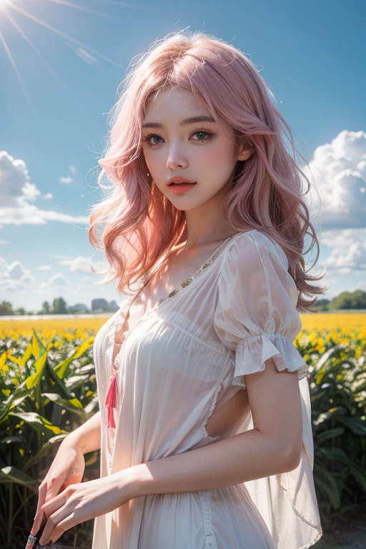 Light pink hair, Pink Eyes, Pink and white, Clouds in the blue sky, Vibrant colors, steampunk, blouse white、Paint Splash, Corn field,  Wavy long hair、