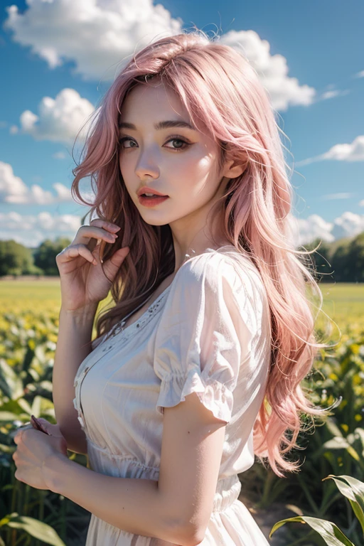 Light pink hair, Pink Eyes, Pink and white, Clouds in the blue sky, Vibrant colors, steampunk, blouse white、Paint Splash, Corn field, Wavy long hair、