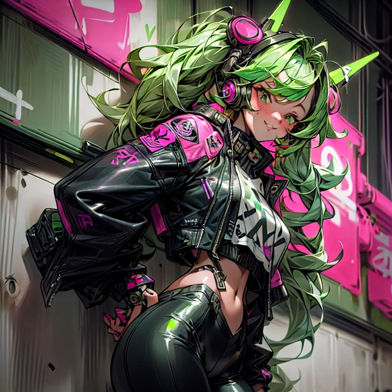 8K,Ultra Detail,ultra-quality,ultra precision,ultimate masterpiece,Girl,big boobs,big Thigh,bomber jacket,long leather pants,long twin tail,green hair,(blond)(innercolor of pink),cool Graffiti on the wall,Cyber punk mask,((Theme of Bio Punk)),anime,((very cute)),smile