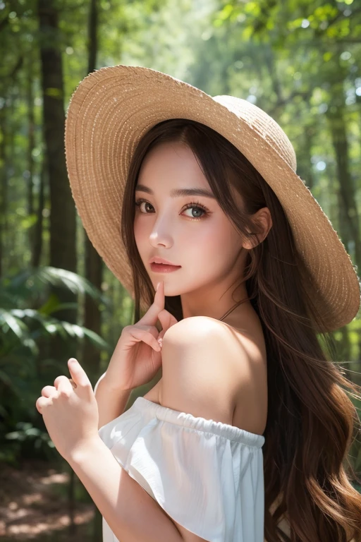 masterpiece, highest quality, Ultra-high resolution, Fluorescent color,, 1 girl, Looking at the audience, Beautiful Face, Beautiful Eyes, (Off the shoulder: 1.2), Lift your head, Upper Body, forest, Shiny Hair, Shiny skin, Shining Cut, Little, Adjusting the Finger Ratio