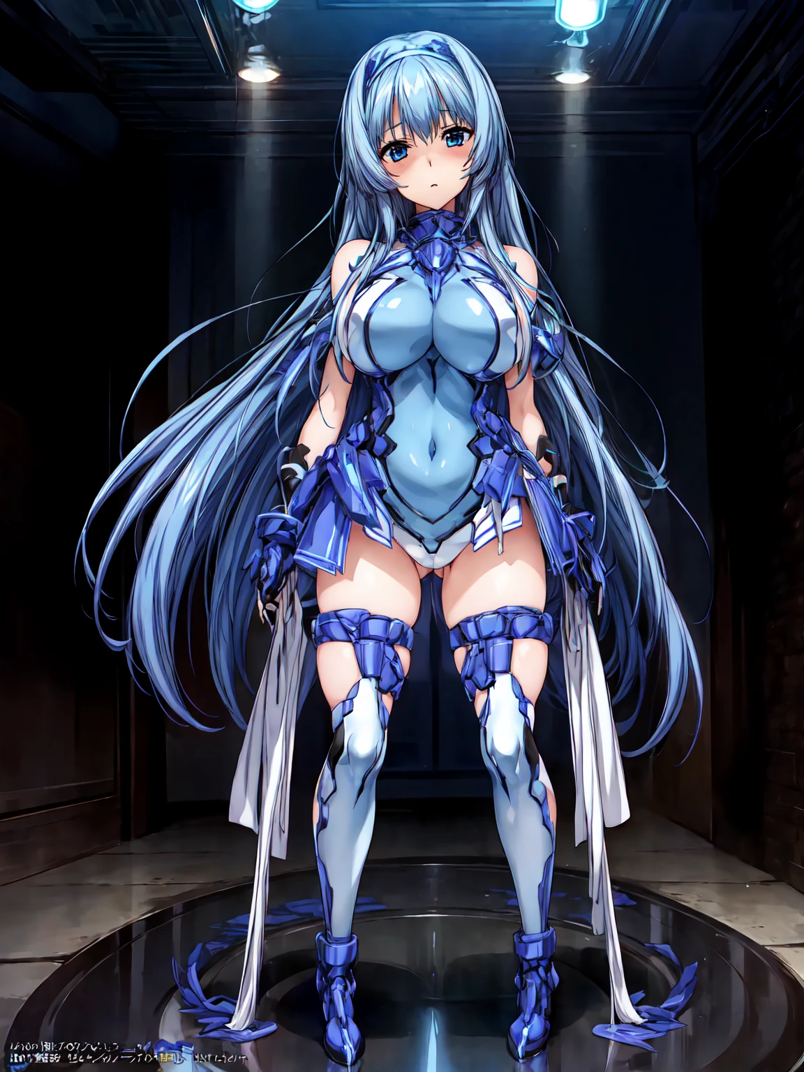 masterpiece, highest quality, Anime Style,Official Art Beautiful Lighting, 1 girl, bangs, Inside the futuristic base, whole body, Blue and white outfit,