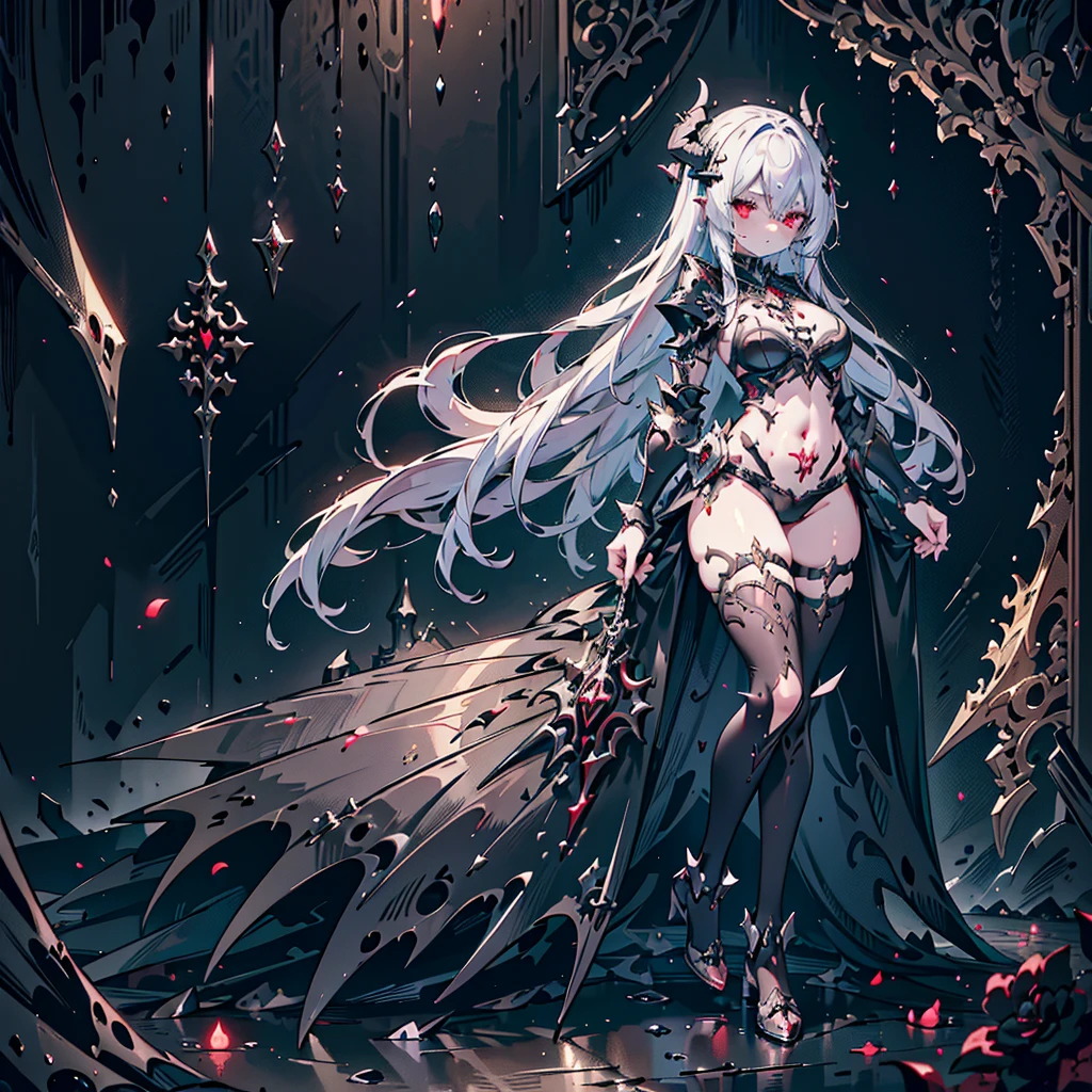 queen power armor , (gothic style), full body view , bellybutton, The most beautiful and sexy demon goddess, long white hair, glowing red eyes, wearing detailed black gothic battle armor, black angel wings, tattoos and piercings, gothic castle, perfect masterpiece, high quality, high resolution