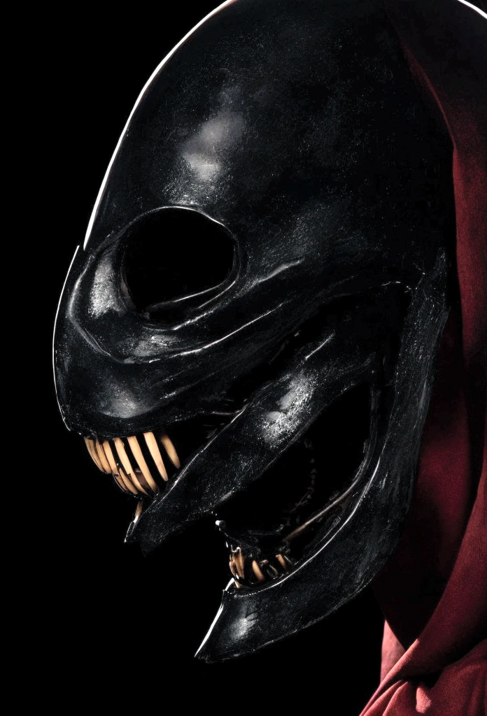 Tiro de medio cuerpo, hyperrealism photography, Beautiful model with avant-garde gelatin xenomorphic nun mask, cubierto de sangre, Renderizado de octanaje