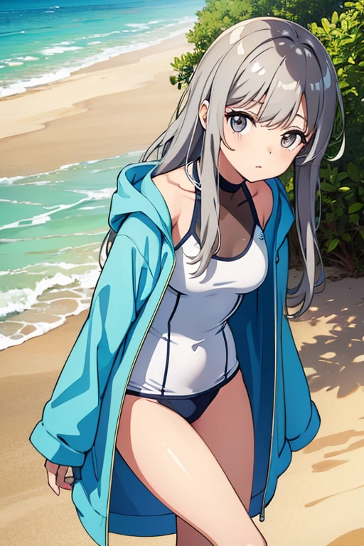 Sandy Beach、A girl whose swimsuit is coming off、Gray Hair、long hair