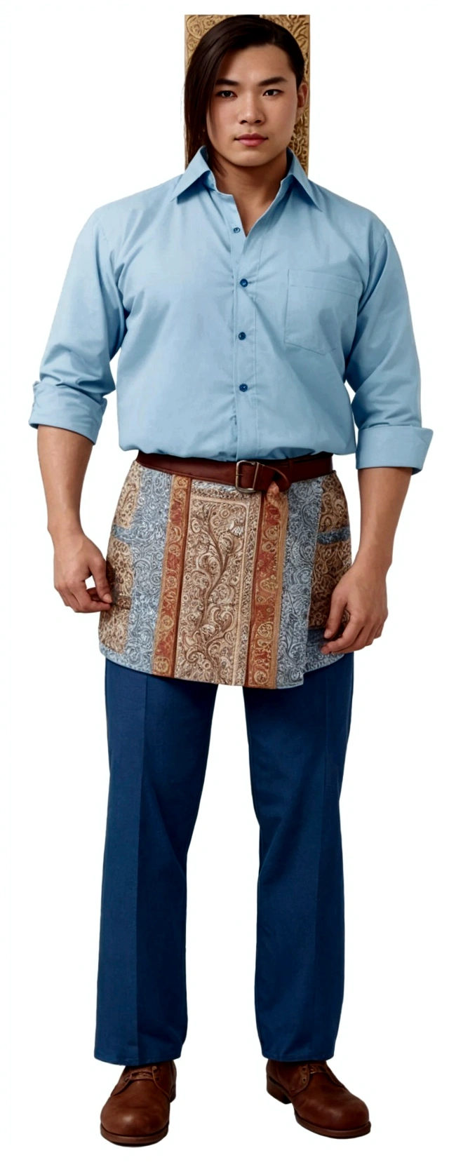 a man wearing a blue shirt and a brown belt, wearing an apron, apron, unique design, bag over the waist, official product image, hanbok apron, cloth jerkin, extremely intricate, highly ornate, catalog photo, with two front pockets, blacksmith apron, elaborate detail, blue - print, patterned clothing, white waist apron and undershirt