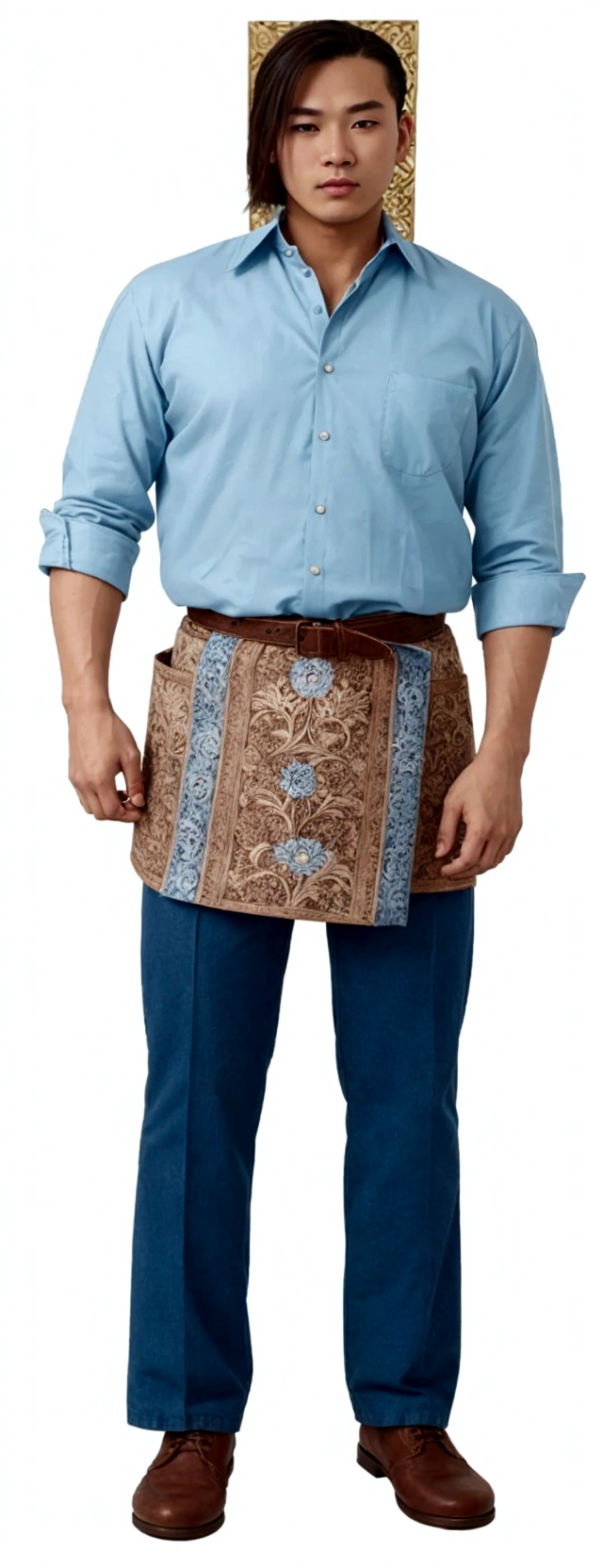 a man wearing a blue shirt and a brown belt, wearing an apron, apron, unique design, bag over the waist, official product image, hanbok apron, cloth jerkin, extremely intricate, highly ornate, catalog photo, with two front pockets, blacksmith apron, elaborate detail, blue - print, patterned clothing, white waist apron and undershirt
