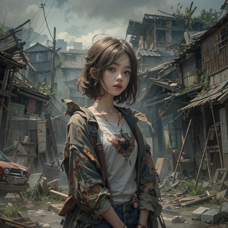 (masterpiece, highest quality, 1 girl, alone) In the ruins of the zombie apocalypse, 美しいアメリカの金髪の十代のto be born存者, ( Half Body Shot, There are many freckles on the face, Slim figure, Messy hair with short sides, Hazel green eyes), I'm tired but I won'Resistant, Discover the secret sanctuary village, A ray of hope in a world devastated by despair. Her Journey, Involving risk and loss, Lead her to this hidden haven, A place where safety and the promise of new beginnings await... Surrounded by the revival of nature, The sanctuary stands as a lush oasis in the middle of a desolate landscape.., Its very existence is a testament to the resilience and tenacity of humankind.. When she crossed the line, Her relief is palpable.., Her face is、Even in the darkest times, Hope can find its way to prosperity. This moment、It captures the essence of hope in the face of adversity.。, to be bornき残るための戦いにおいて, The human spirit is indomitable, 16k, Ultra-high resolution.Realistic, Ultra-high resolution, to be born, Sanctuary Village in the background