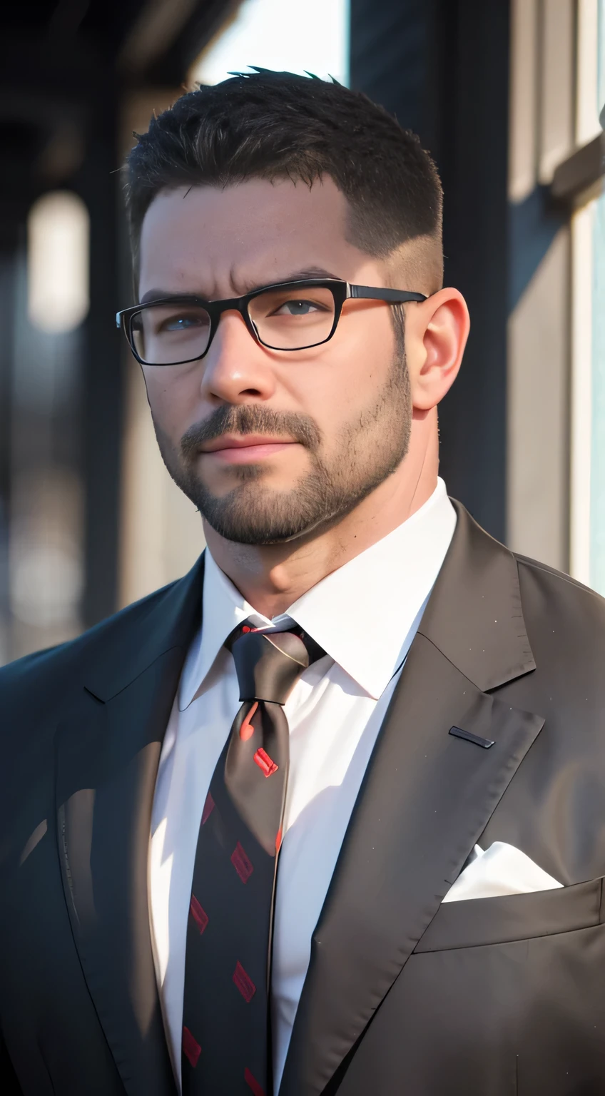 An award-winning original photo,A wild muscular man, (40 years old daddy:1.1), 1boy, Solo, (black suit), (white dress shirt), (red print necktie), (big shoulders), musculature, stubbles, Short beard, squinting eyes under the sunlight:1.3, ), (Detailed face:1.3), wearing glasses, slight smirk, Dynamic Angle, volumetric lighting, (Best quality, A high resolution, Photorealistic), Cinematic lighting, Masterpiece, RAW photo, Intricate details, hdr, depth of field, upper body shot